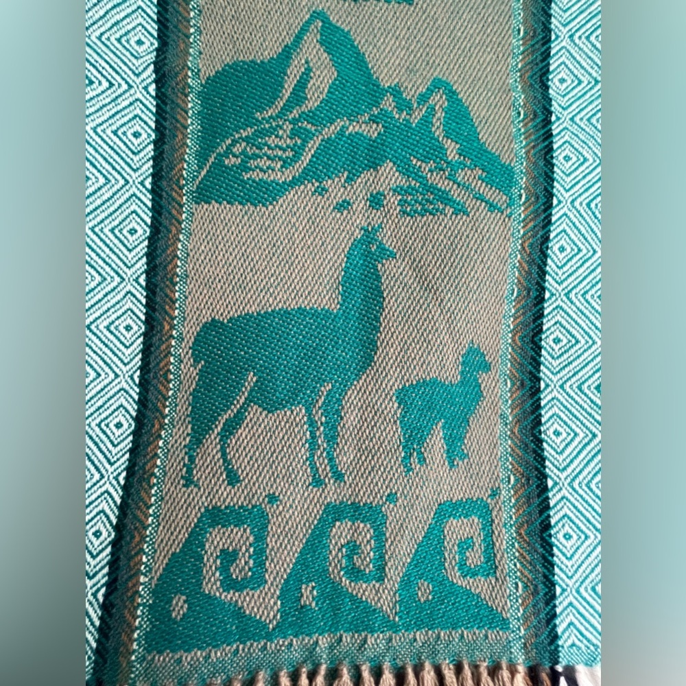 ALPACA Wool Blend Scarf in Teal and Beige Andes Mountains- Made in South America